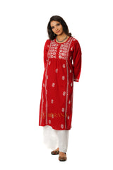 Lavanya Chikankari Cotton Naira cut Kurta - Red Gharana