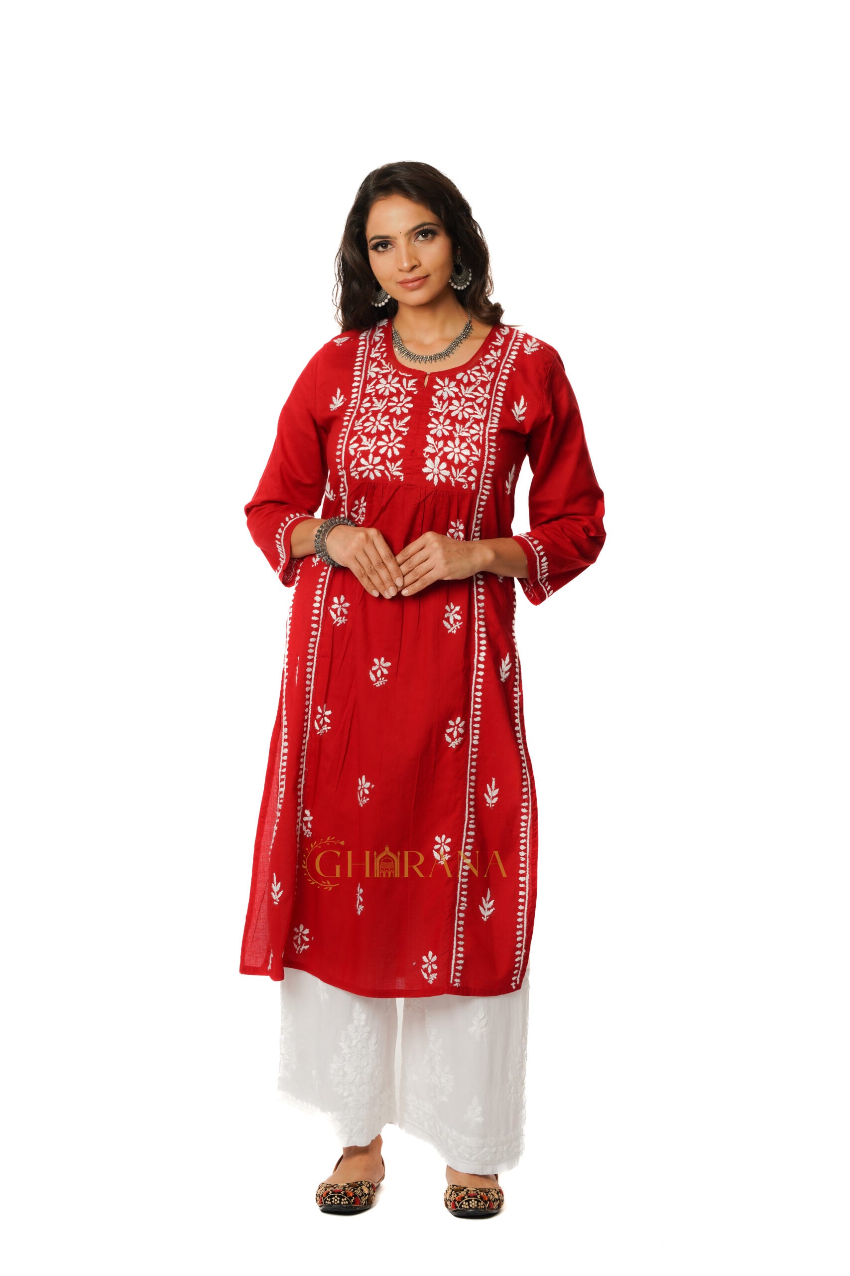 Lavanya Chikankari Cotton Naira cut Kurta - Red Gharana
