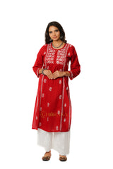 Lavanya Chikankari Cotton Naira cut Kurta - Red Gharana