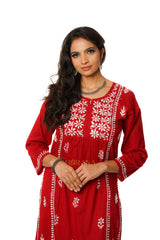 Lavanya Chikankari Cotton Naira cut Kurta - Red Gharana