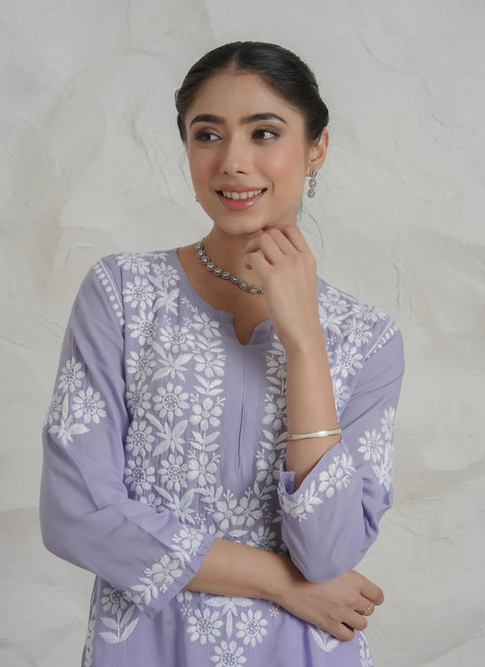 Myra Modal fine cotton Chikankari kari Kurta – Lavender Gharana