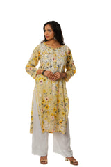 Eesha Chikankari Mulmul Printed Kurta - Off-white, Yellow & Pink Gharana