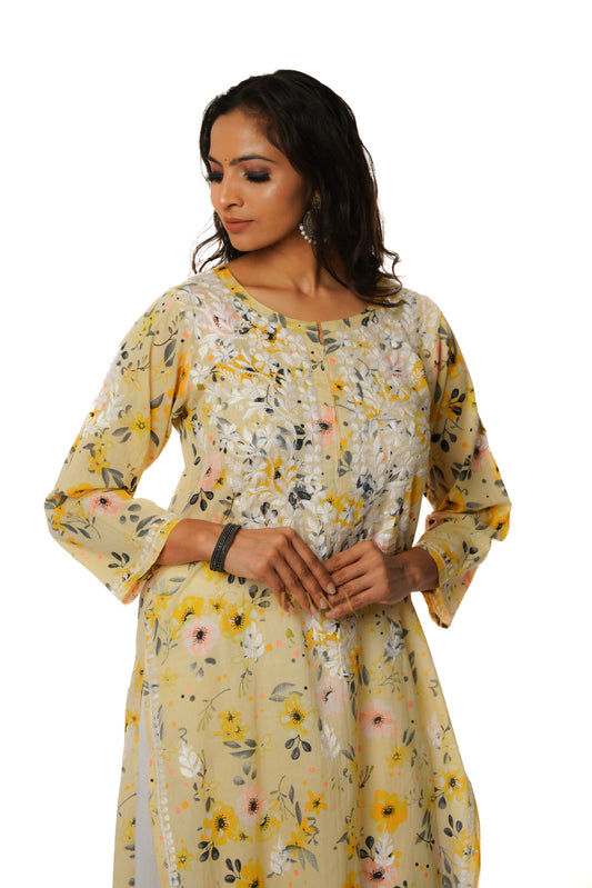 Eesha Chikankari Mulmul Printed Kurta - Off-white, Yellow & Pink Gharana