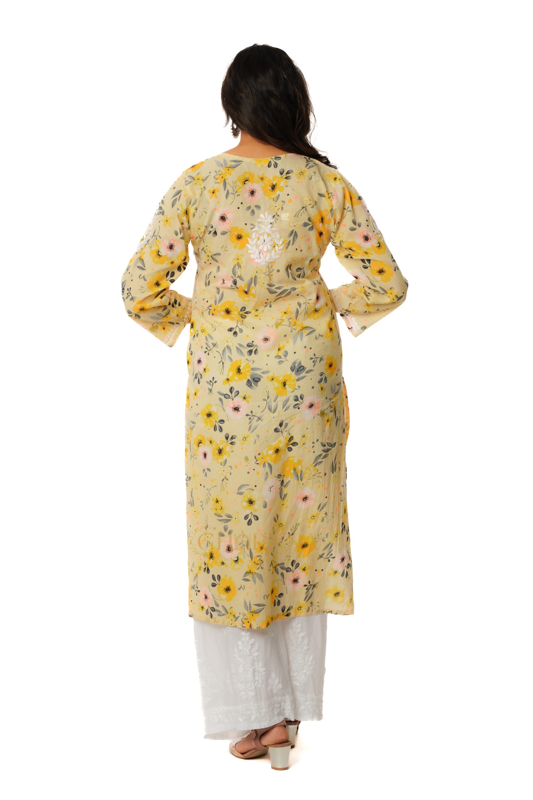 Eesha Chikankari Mulmul Printed Kurta - Off-white, Yellow & Pink Gharana