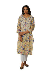Eesha Chikankari Mulmul Printed Kurta - Off-white, Blue & Maroon Gharana