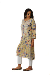 Eesha Chikankari Mulmul Printed Kurta - Off-white, Blue & Maroon Gharana