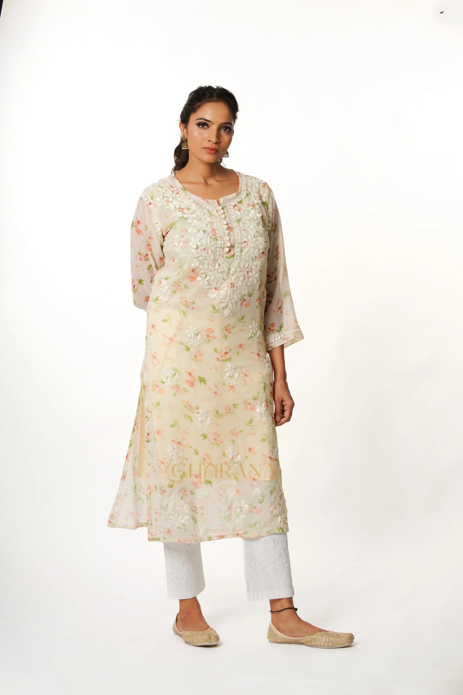 Aadya Chikankari Georgette Floral Printed Kurta  – Off White Gharana