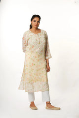 Aadya Chikankari Georgette Floral Printed Kurta  – Off White Gharana