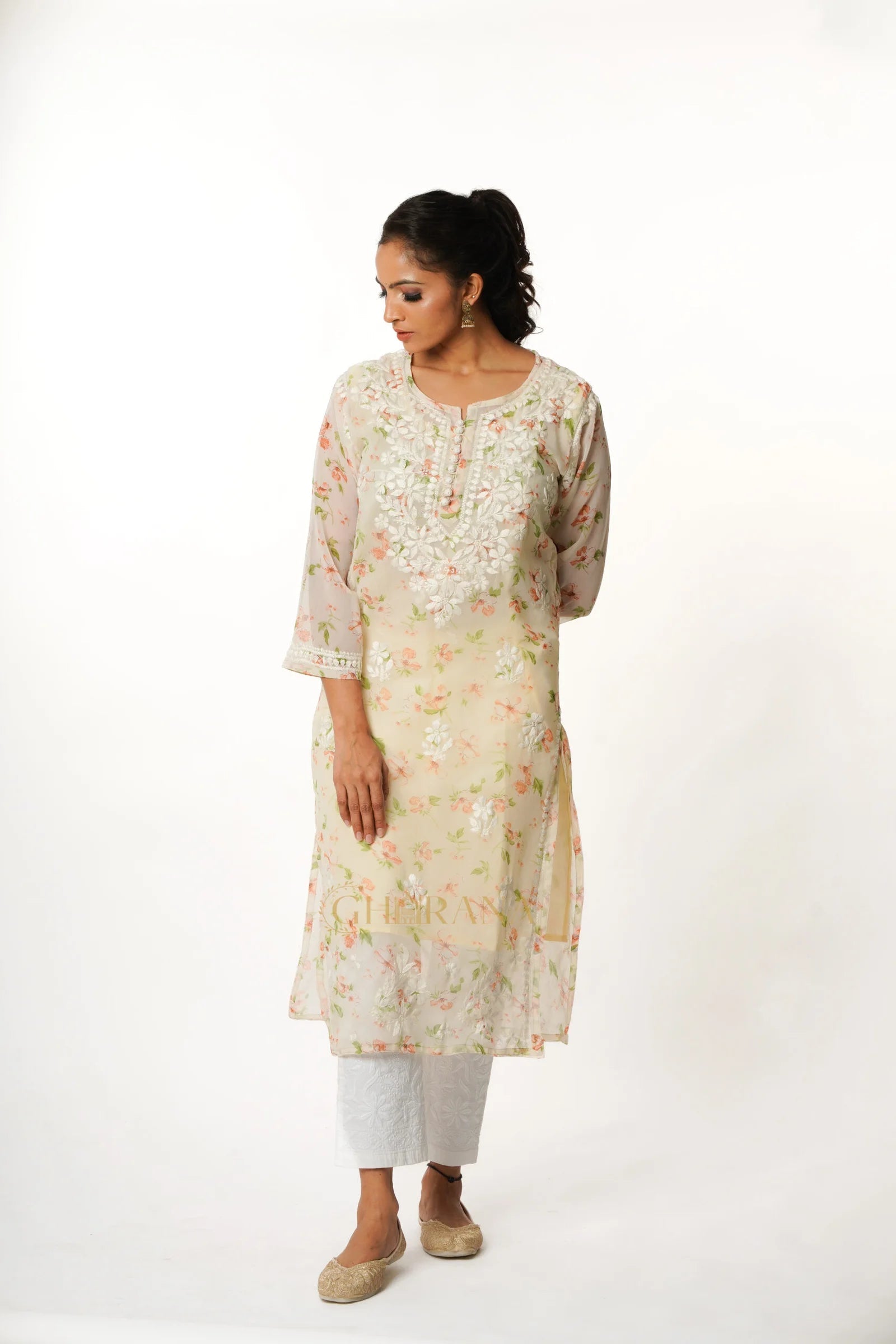 Aadya Chikankari Georgette Floral Printed Kurta  – Off White Gharana