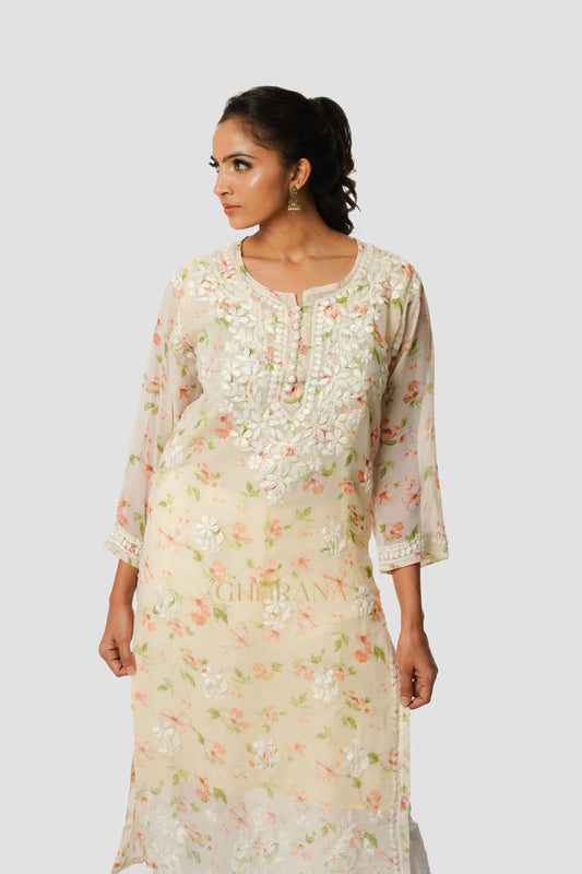 Aadya Chikankari Georgette Floral Printed Kurta  – Off White Gharana