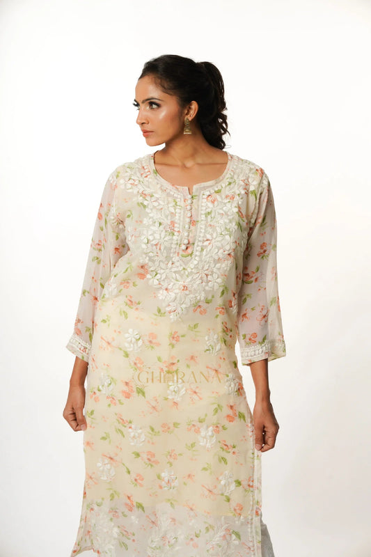 Aadya Chikankari Georgette Floral Printed Kurta  – Off White Gharana