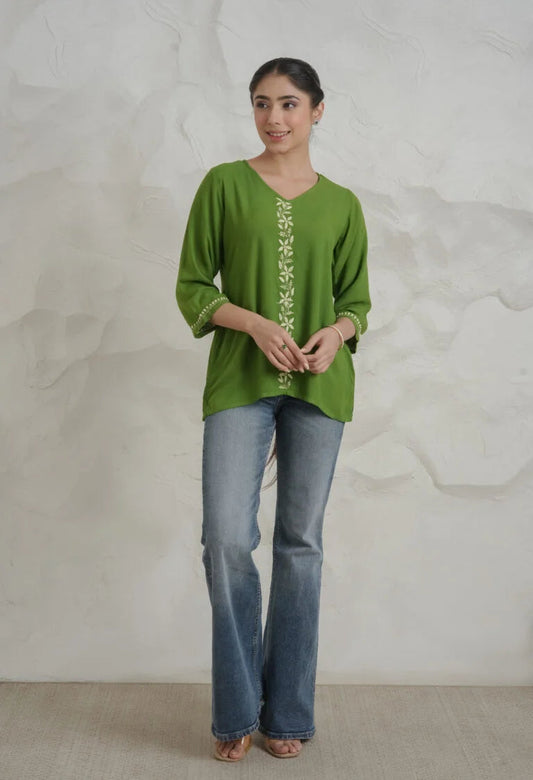 Sahiba Luxury Rayon Green Chikankari Top Gharana