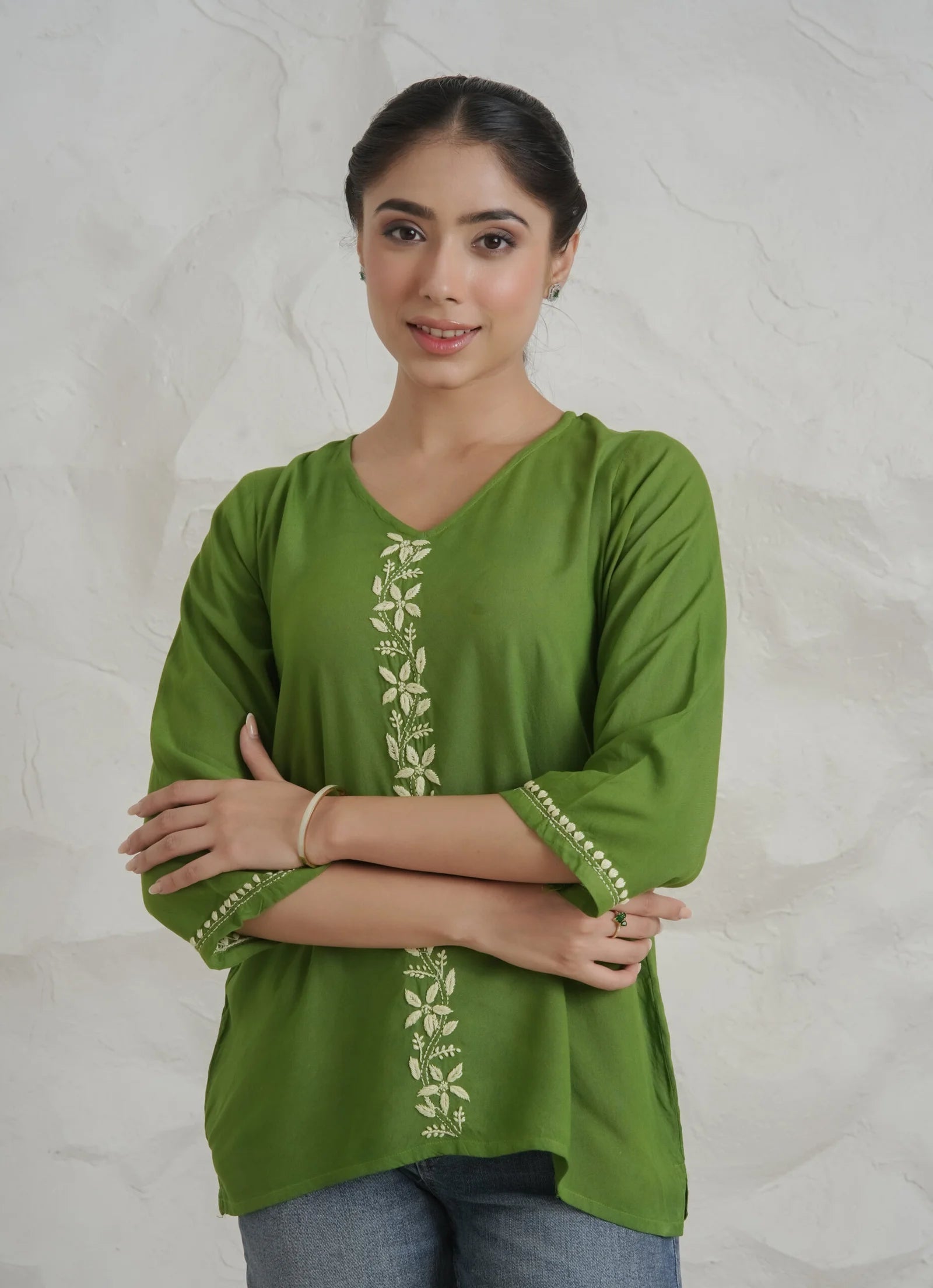 Sahiba Luxury Rayon Green Chikankari Top Gharana