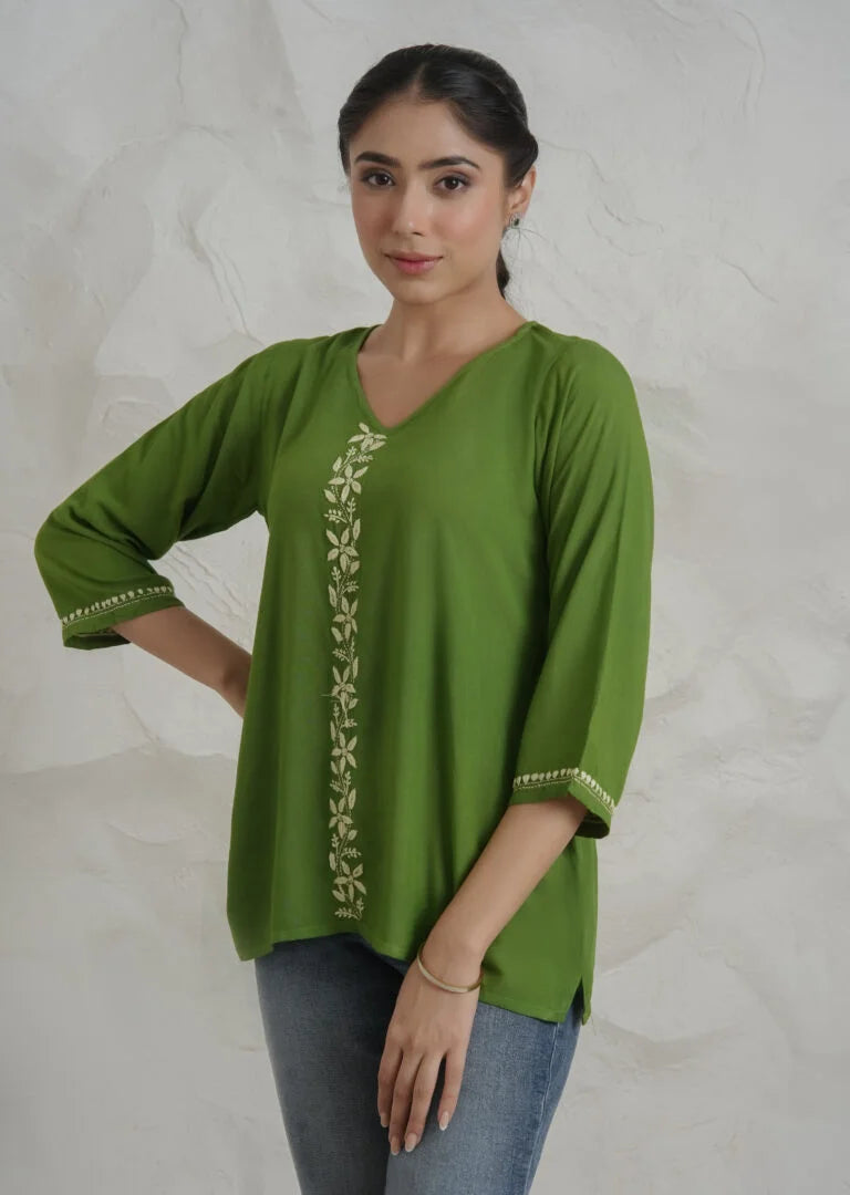 Sahiba Luxury Rayon Green Chikankari Top Gharana