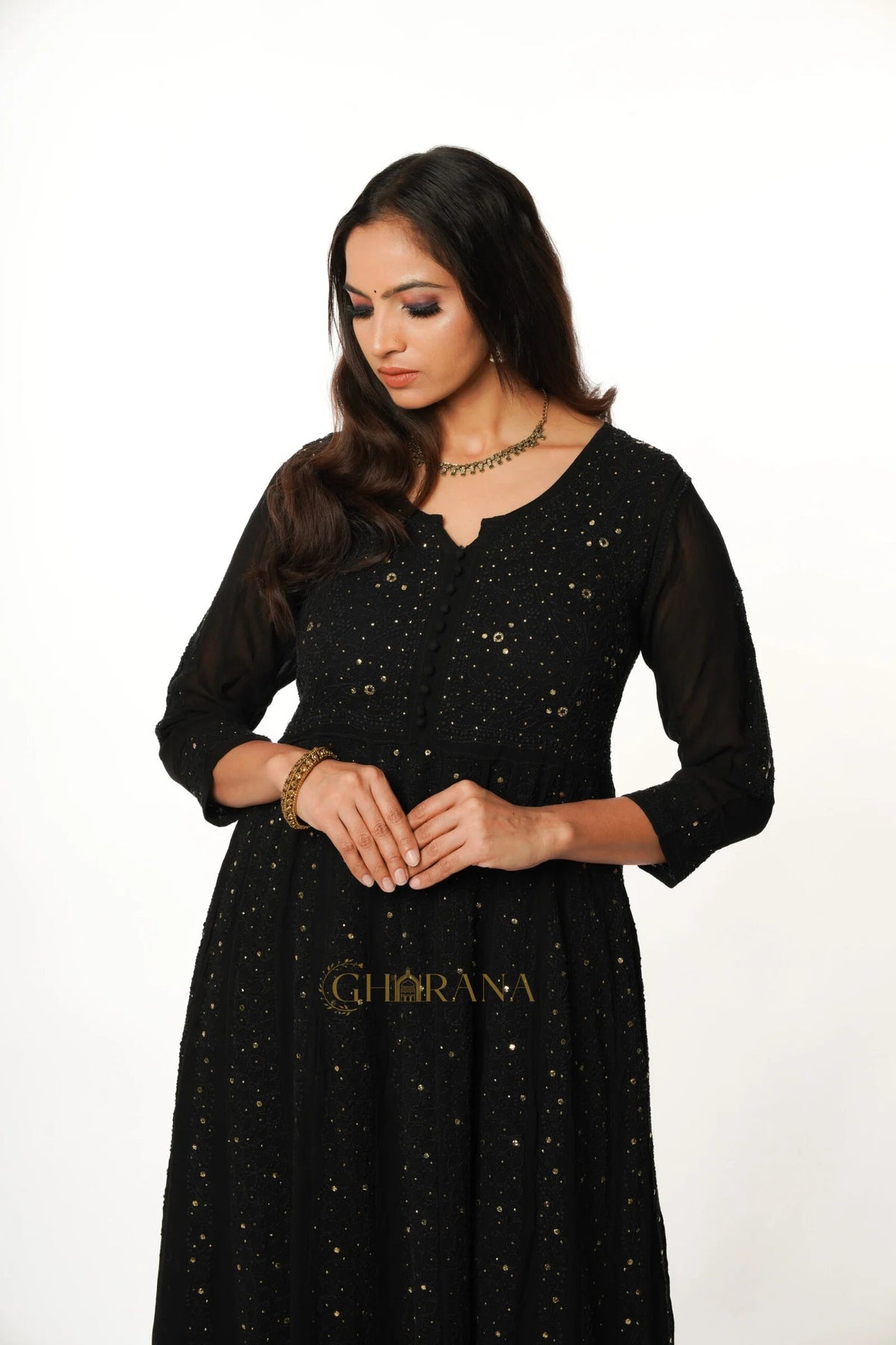 Kiara Georgette 4PC Chikankari Anarkali Kurta Set with Mukaish Work Gharana