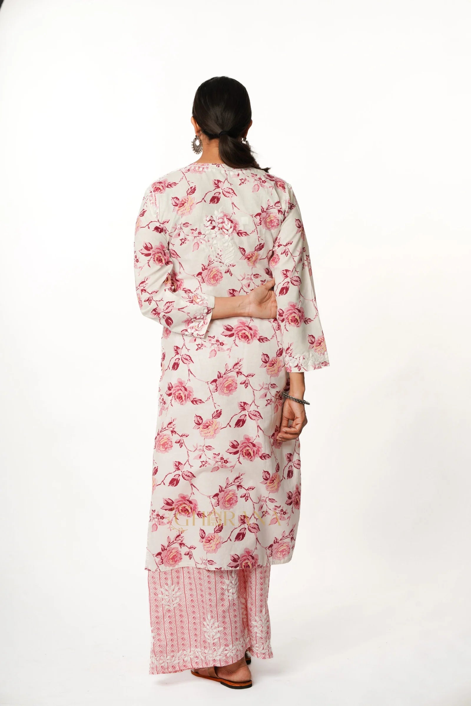 Premium Mulmul Chikankari Printed Co ord Kurta Set – Pink Gharana