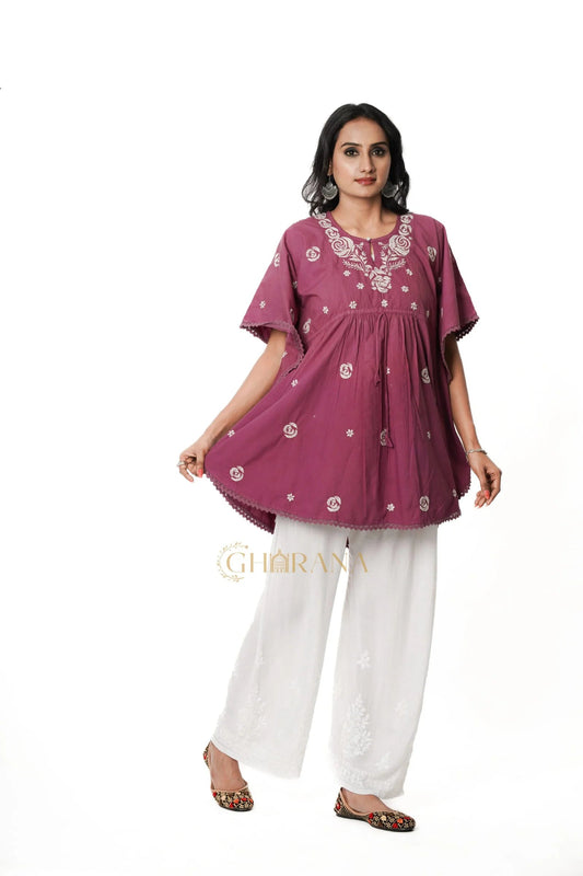 Cotton Chikankari Kaftan – Magenta Gharana