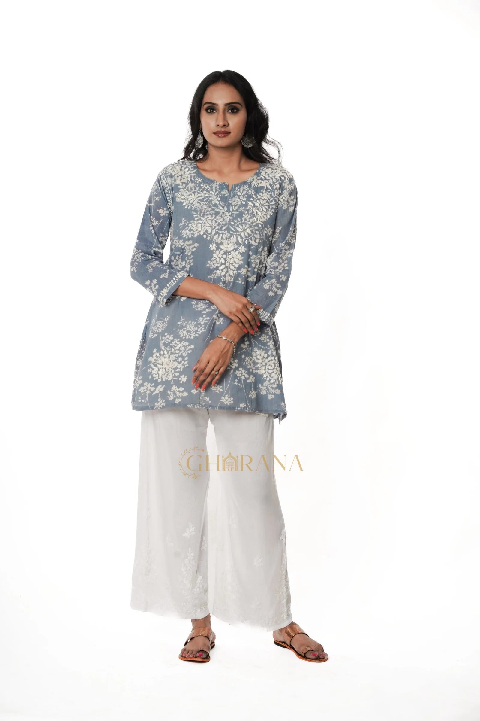 Eesha Chikankari Mulmul Printed Short Kurta Gharana