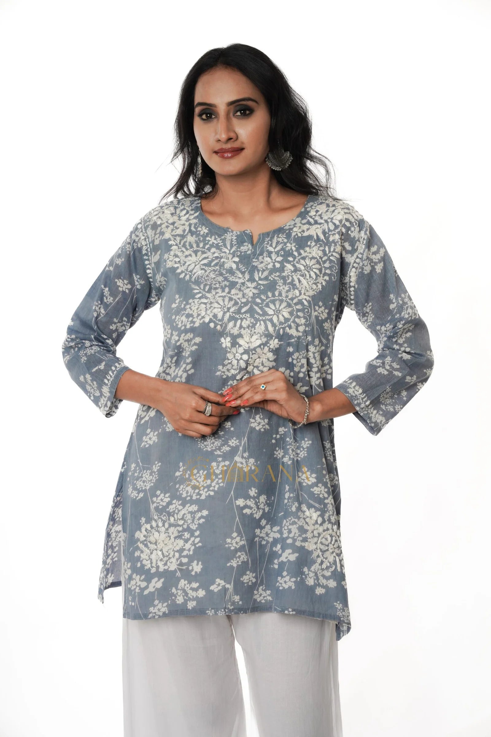 Eesha Chikankari Mulmul Printed Short Kurta Gharana