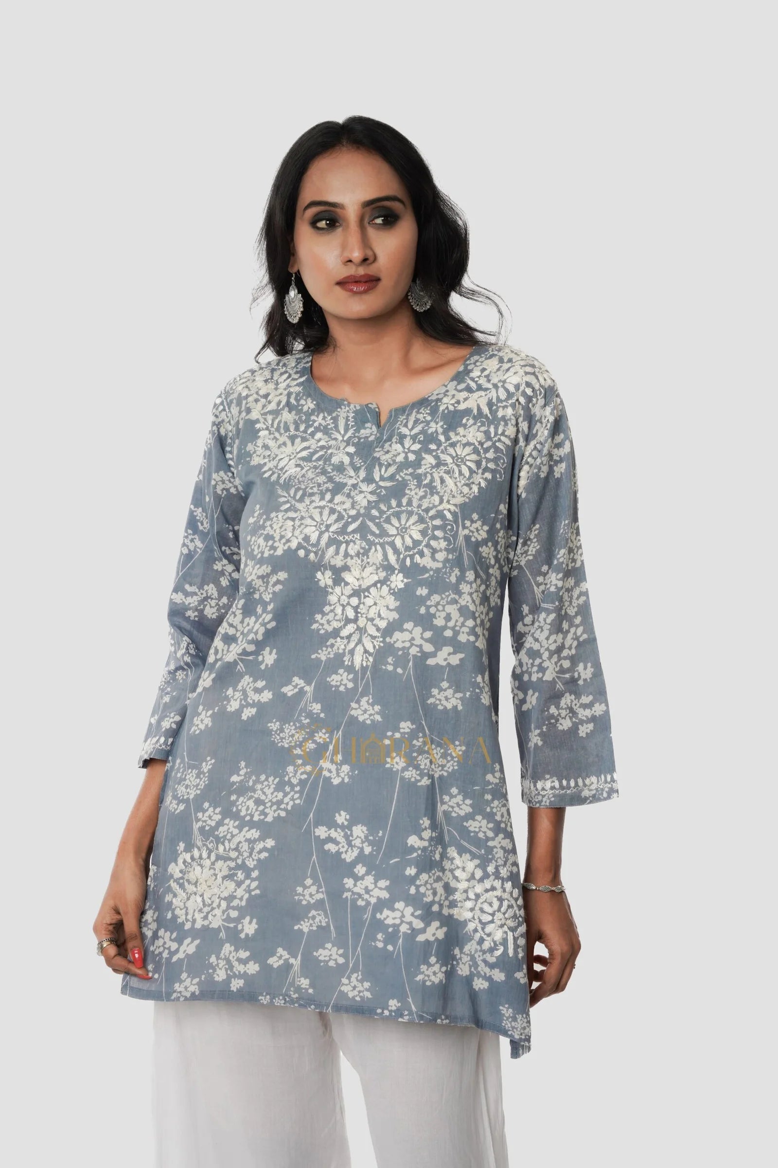 Eesha Chikankari Mulmul Printed Short Kurta Gharana