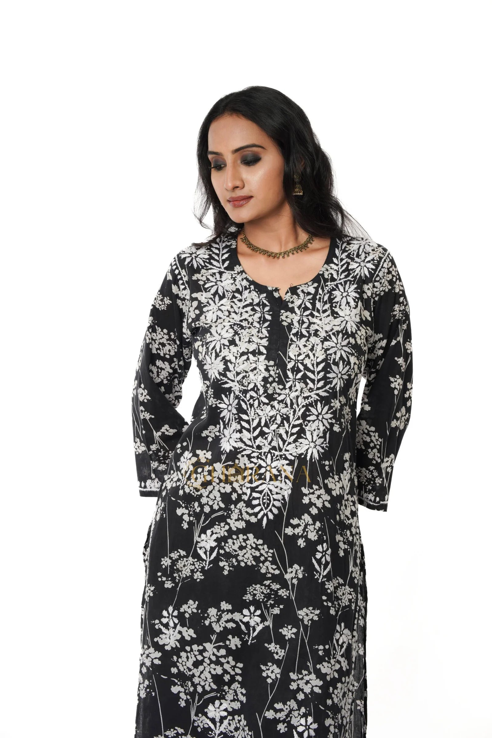 Mulmul Chikankari Printed Co ord Kurta Set – Black Gharana