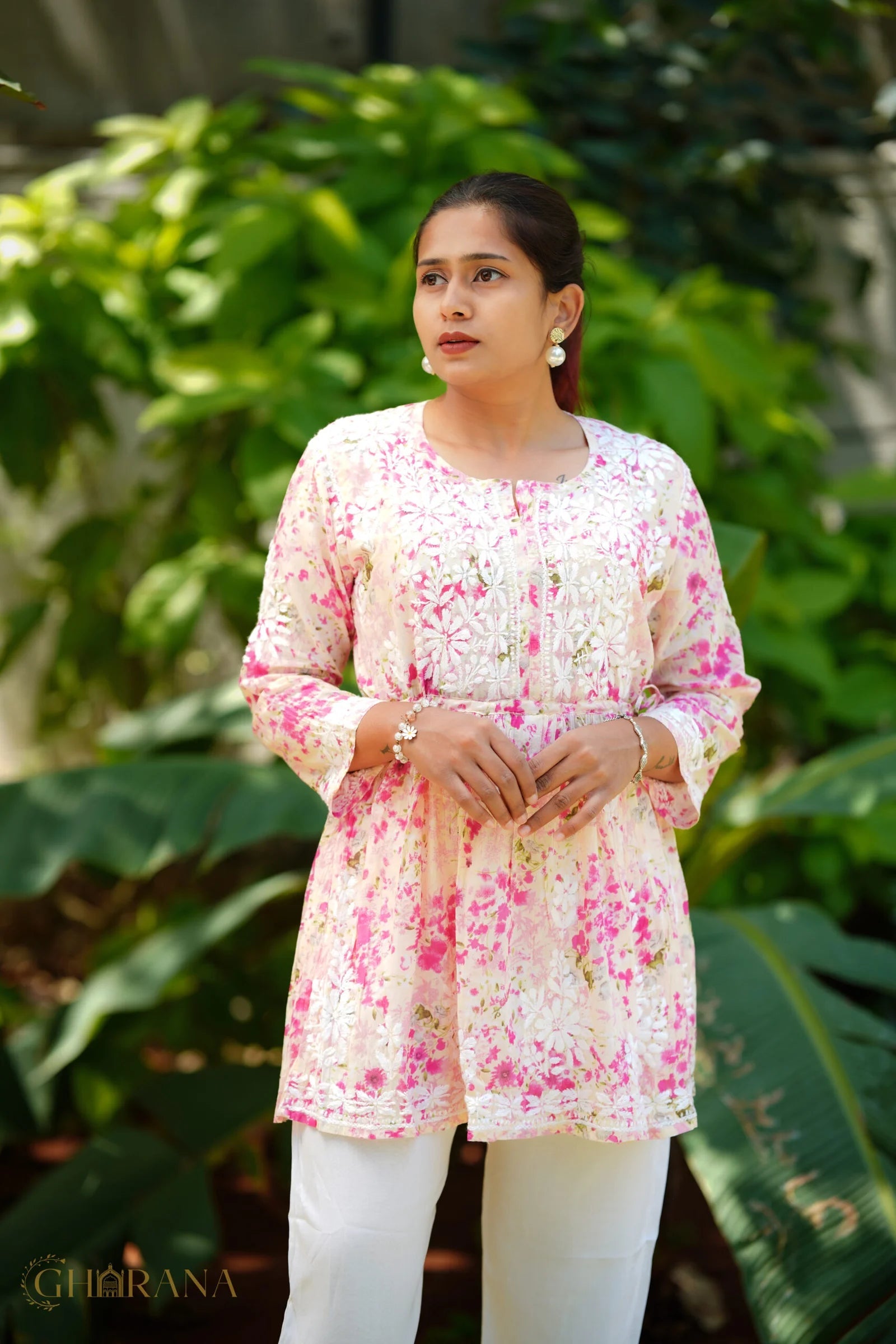 MulMul cotton printed fine embroidery chikankari Top Gharana
