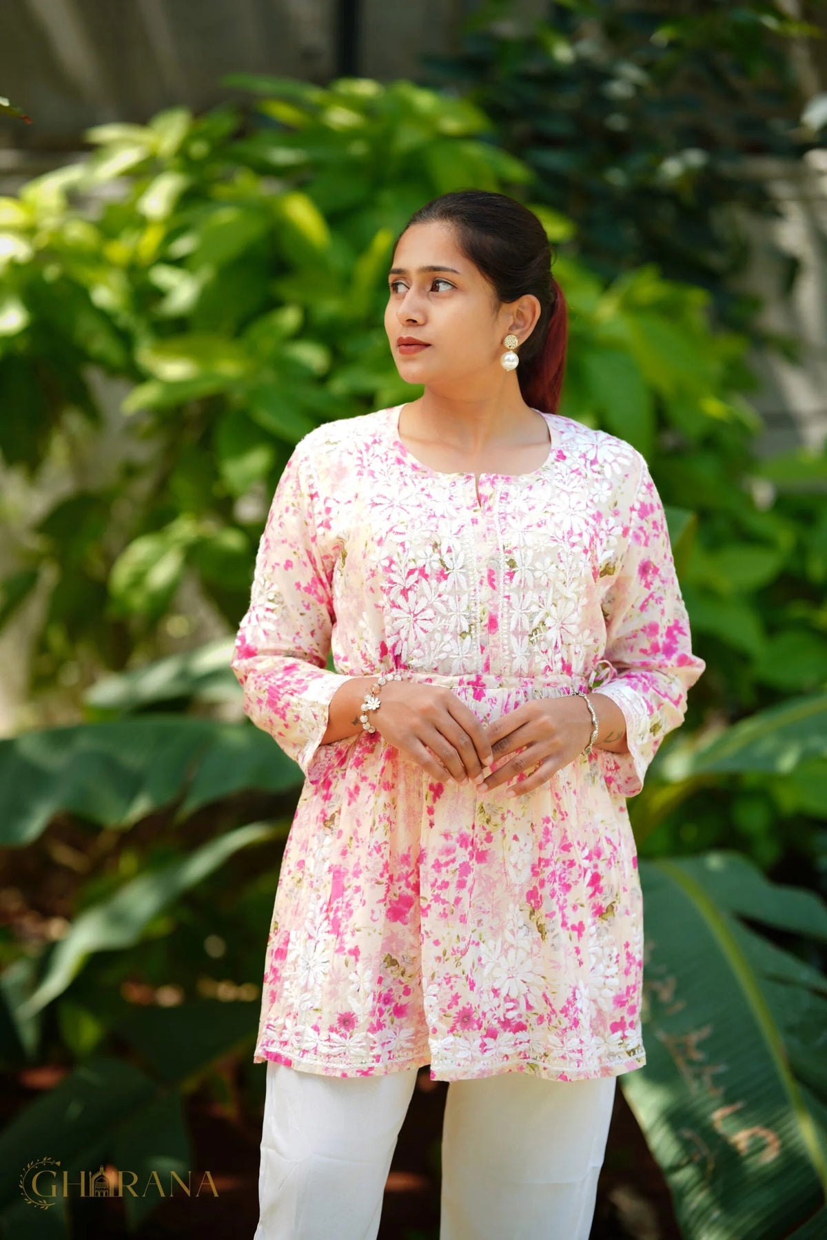 MulMul cotton printed fine embroidery chikankari Top Gharana