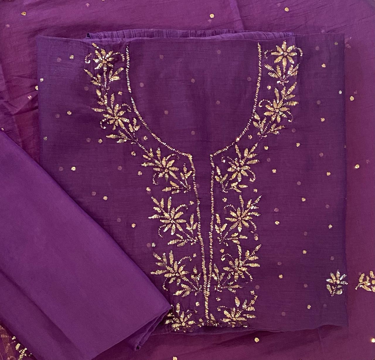 Premium Mulchanderi 3 PC Unstitched Tunic, Dupatta & Bottom in Kamdani work- Purple Gharana