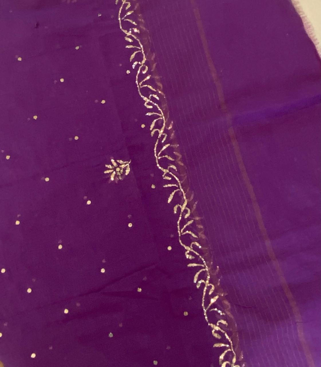 Premium Mulchanderi 3 PC Unstitched Tunic, Dupatta & Bottom in Kamdani work- Purple Gharana