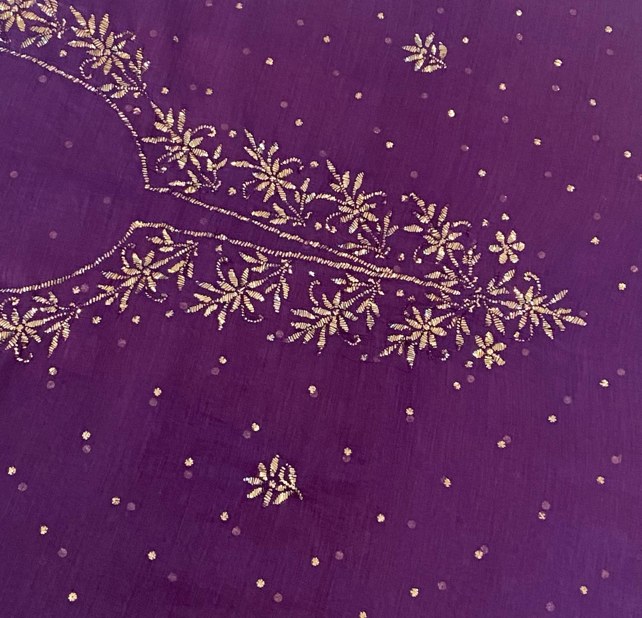 Premium Mulchanderi 3 PC Unstitched Tunic, Dupatta & Bottom in Kamdani work- Purple Gharana