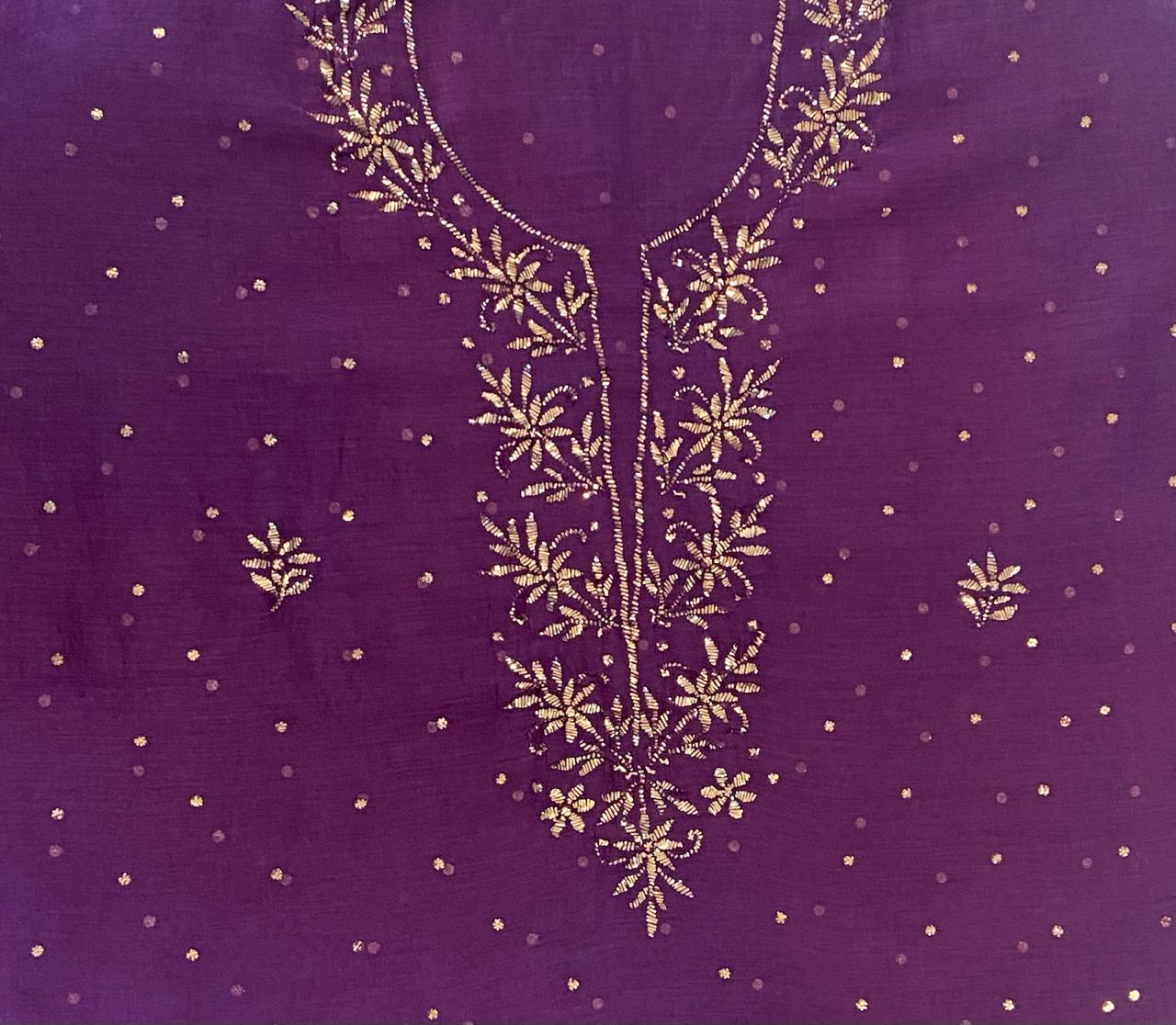 Premium Mulchanderi 3 PC Unstitched Tunic, Dupatta & Bottom in Kamdani work- Purple Gharana