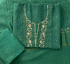 Premium Mulchanderi 3 PC Unstitched Tunic, Dupatta & Bottom in Kamdani work- Mango Green Gharana