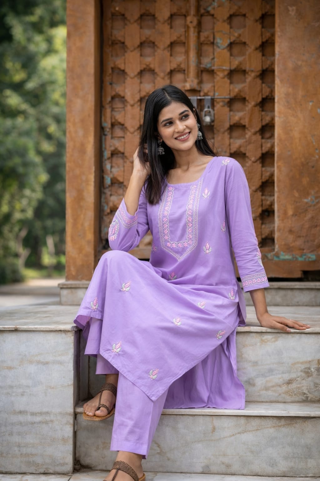 Heer Mul Cotton 2 PC Lilac chikankari Kurta set Gharana