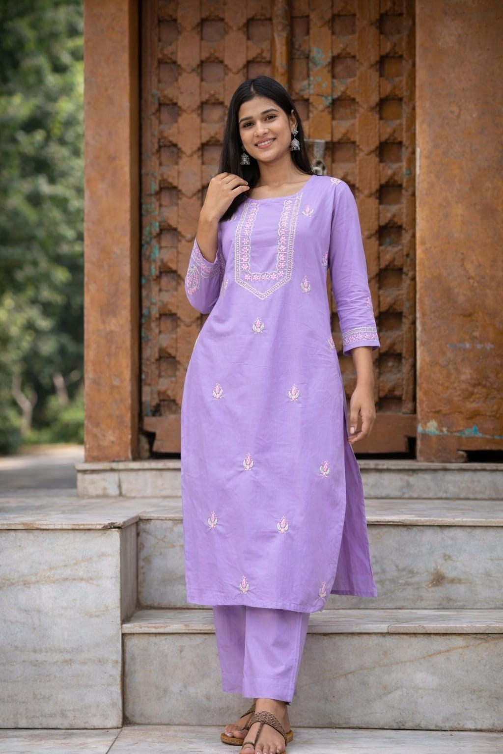 Heer Mul Cotton 2 PC Lilac chikankari Kurta set Gharana