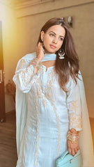 Jashn Chikankari Turquoise Modal Satin 3 PC Kurta Set with Dupatta
