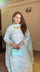 Jashn Chikankari Turquoise Modal Satin 3 PC Kurta Set with Dupatta
