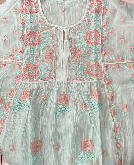 Premium Mul chanderi Chikankari Semi Stitched 2 piece Tunic and Dupatta set – Light Sage