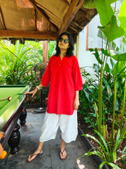 Aira Cherry Red Cotton Poplin Kurta Set with white balloon pants
