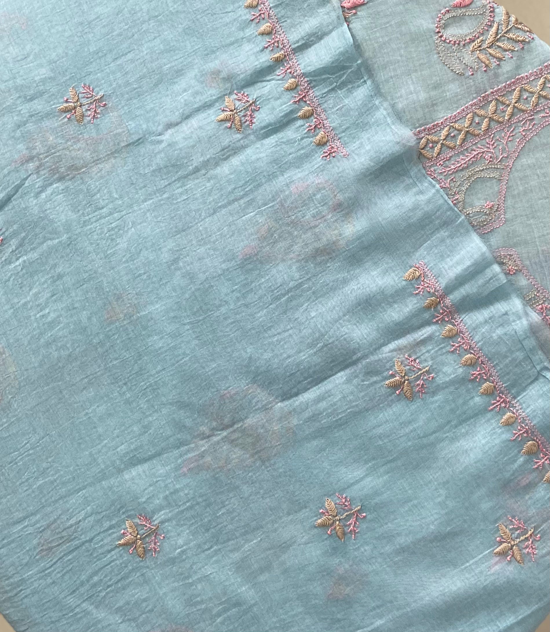 Premium Mul Chanderi 2 piece Chikankari Unstitched Kurta and Dupatta set – Powder Blue Gharana