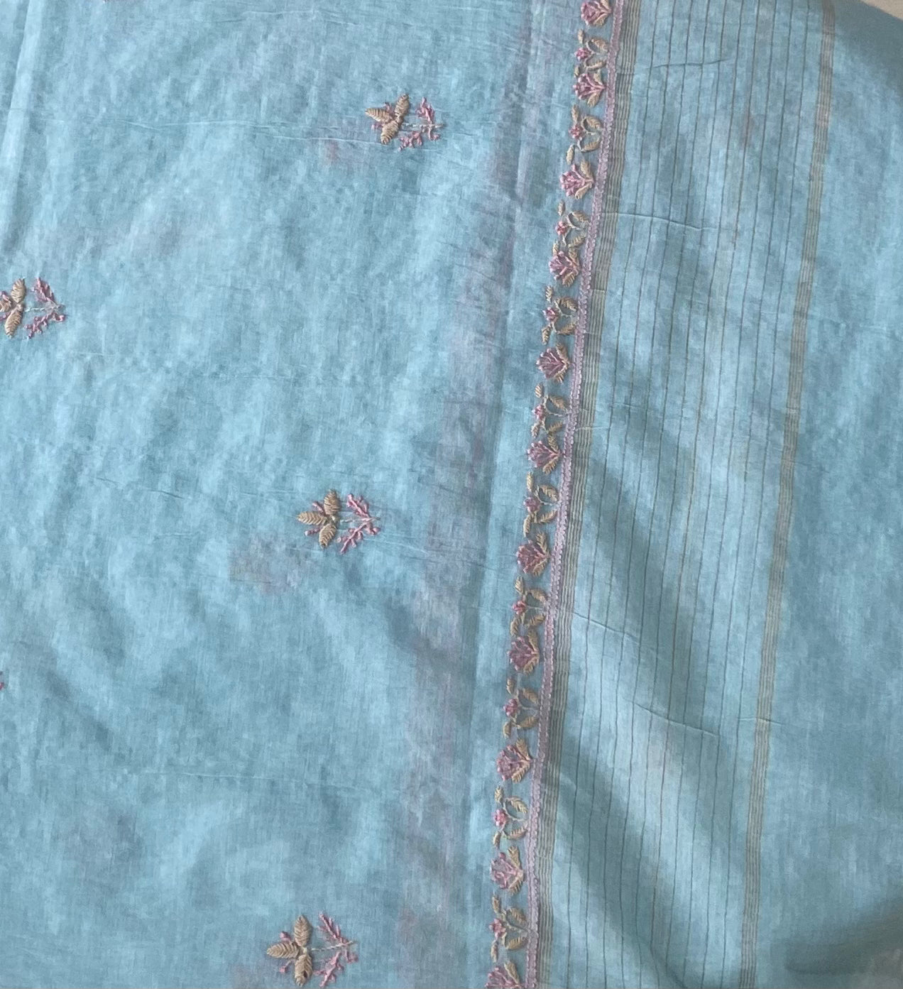 Premium Mul Chanderi 2 piece Chikankari Unstitched Kurta and Dupatta set – Powder Blue Gharana