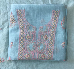 Premium Mul Chanderi 2 piece Chikankari Unstitched Kurta and Dupatta set – Powder Blue Gharana
