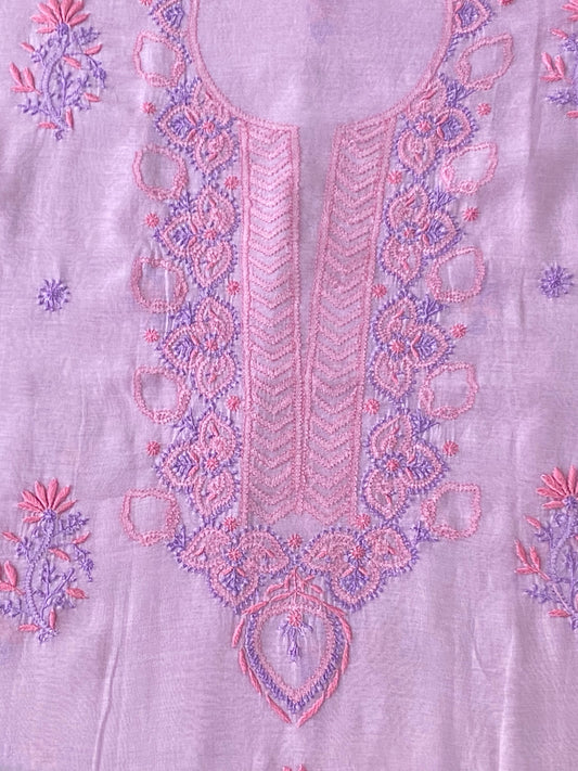 Premium Mul Chanderi 2 piece Chikankari Unstitched Kurta and Dupatta set - Lavender Gharana