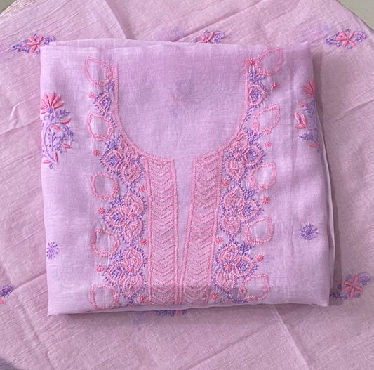 Premium Mul Chanderi 2 piece Chikankari Unstitched Kurta and Dupatta set - Lavender Gharana