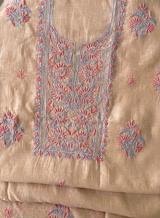 Premium Mul Chanderi 2 piece Chikankari Unstitched 2 piece Kurta and Dupatta set – dark beige