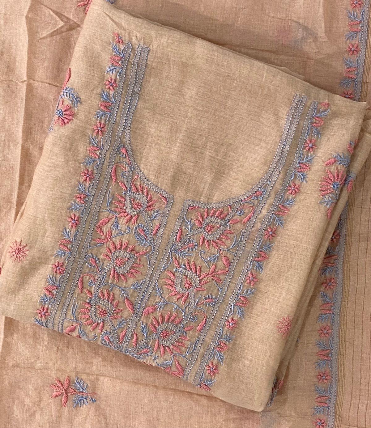 Premium Mul Chanderi 2 piece Chikankari Unstitched 2 piece Kurta and Dupatta set – dark beige