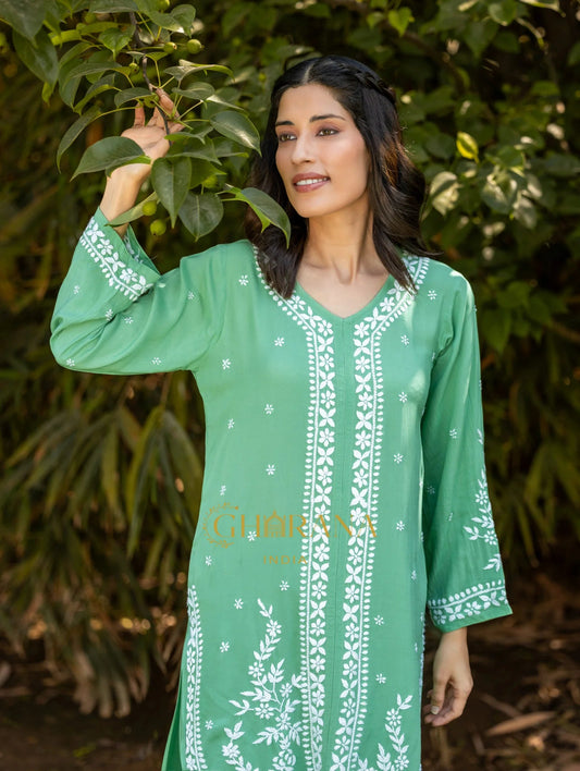 Sahiba Premium Modal Silk 2 PC Green Chikankari Kurta set Gharana