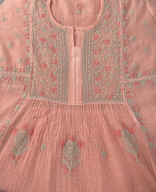 Premium Mulchanderi Chikankari Semi Stitched 2 piece Tunic and Dupatta set – Peach