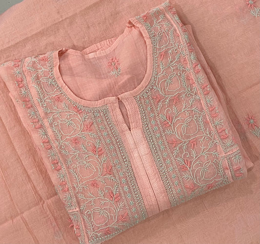 Premium Mulchanderi Chikankari Semi Stitched 2 piece Tunic and Dupatta set – Peach