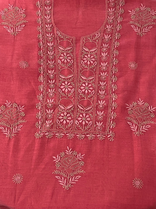 Premium Mul Chanderi 2 piece Chikankari Unstitched Kurta and Dupatta set – Deep Pink