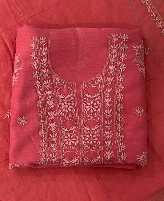 Premium Mul Chanderi 2 piece Chikankari Unstitched Kurta and Dupatta set – Deep Pink